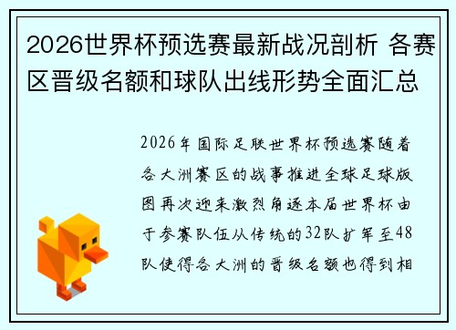 2026世界杯预选赛最新战况剖析 各赛区晋级名额和球队出线形势全面汇总