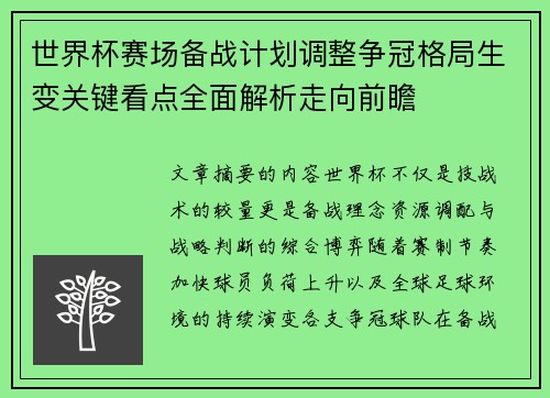 世界杯赛场备战计划调整争冠格局生变关键看点全面解析走向前瞻