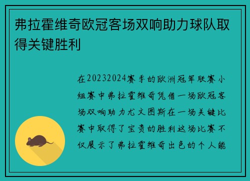 弗拉霍维奇欧冠客场双响助力球队取得关键胜利